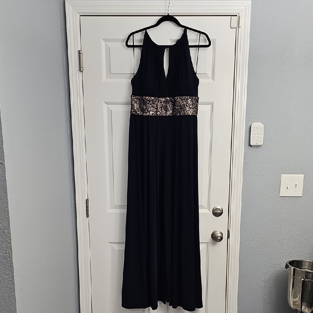 R&M Richards Elegant Navy Halter Gown with Gold Accents